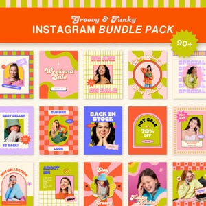 Może przedstawiać: Zestaw kolorowych szablonów postów na Instagram w stylu groovy i funky. Każdy szablon zawiera zdjęcie i tekst, np. "Weekend Sale", "Back in Stock" i "Hot Sale 70% Off". Pakiet zawiera ponad 90 szablonów.