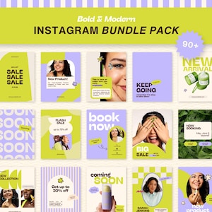 Lime Lavender Bold Retro Instagram Bundle Pack, Mallar för sociala medier för hudvård, estetiker, franstekniker och skönhetsmärken