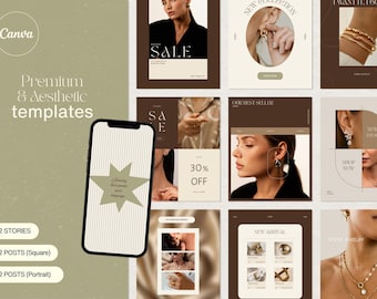 Premium-Canva-Instagram-Bundle in neutralem Braun – Vorlagen für Schmuck-, Boutique-, Mode- und Luxusmarken