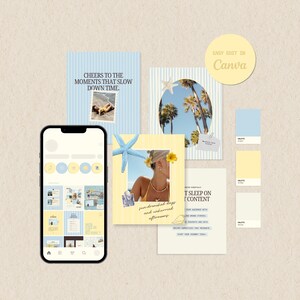 Coastal Blue Yellow Mediterranean Summer Scrapbook Templates, Canva Brand Pack for Travel, Swimwear, Resort Wear & Euro Summer Brands