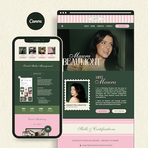 May include: A digital portfolio website design displayed on a smartphone and a desktop screen. The layout features a dark green and light pink color scheme with text including Maura Beaumont, Meet Maura, and Skills & Certifications.