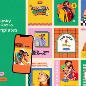 Peut inclure: Une collection de modèles numériques pour réseaux sociaux avec une palette de couleurs vives, une typographie d'inspiration rétro et des éléments graphiques. L'affichage inclut un smartphone montrant le texte LIMITED PIECES ONLY.