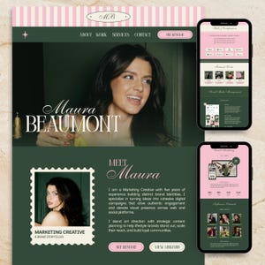 Plantilla de portafolio web de Canva Rosa Verde Elegante Retro Gerente de Marketing Gerente de Redes Sociales Especialista en Marketing Digital Freelancer Portafolio