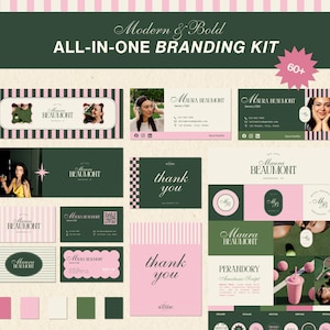 Peut inclure: Un kit de branding tout-en-un affichant le texte Modern & Bold ALL-IN-ONE BRANDING KIT et 60+. La collection comprend des cartes de visite, des cartes de remerciement et des bannières de réseaux sociaux dans des tons vert foncé, rose et blanc.