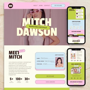 Canva-Website-Portfolio-Vorlage Pink Grün Retro Modern Marketing Manager Social Media Manager Digital Marketer Freelancer Portfolio