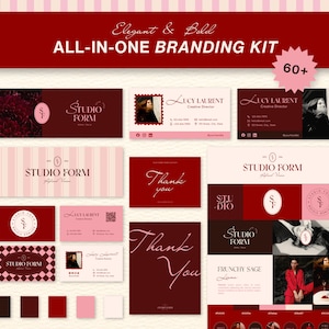 May include: A comprehensive branding kit with an elegant and bold design. Includes business cards, social media templates, and marketing materials. The colour scheme features burgundy, pink, and white.