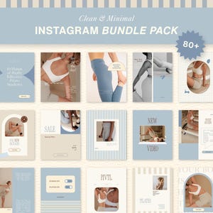 Puede incluir: Un conjunto de plantillas de historias de Instagram con un estilo limpio y minimalista. Las plantillas presentan una paleta de colores suaves con imágenes de actividades de fitness y texto como "Clean & Minimal", "Instagram Bundle Pack" y "80+".