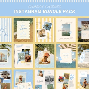 May include: A digital collection of fifteen square social media templates featuring a scrapbook aesthetic. The designs incorporate beach-themed photography, handwritten-style text, postage stamp borders, and blue and yellow colour palettes.