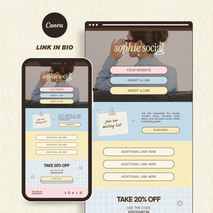 May include: A digital template for a mobile phone and desktop screen featuring the text sophie social, link in bio, join our mailing list, and take 20% off use the code discount20. The layout includes pastel blue, yellow, and pink sections.