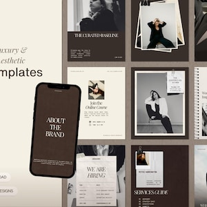 May include: A collection of digital social media templates featuring a neutral color palette of cream, beige, and dark brown. The display includes a smartphone showing an About the Brand screen, alongside various layouts with text and photography.