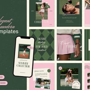 May include: A collection of digital social media templates featuring a dark green and light pink colour palette with tennis-themed imagery. The designs include text such as elegant & modern templates, summer collection, and court energy.