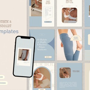 Minimal Blue Clean Aesthetic Canva Instagram Bundle Pack, Post Templates for Pilates, Fitness Coach, Wellness & Yoga Studio Brands