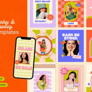Modelli Instagram Funky Pop Retro per Canva, kit di marketing Groovy per marchi di moda, bellezza, abbigliamento, accessori e piccole imprese.