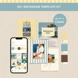 May include: A digital Instagram template kit featuring over 90 designs, including a smartphone displaying a social media feed, various layout cards with beach photography, and a color palette of yellow, blue, and brown, with text reading 90+ INSTAGRAM TEMPLATE KIT and EASY EDIT IN Canva.