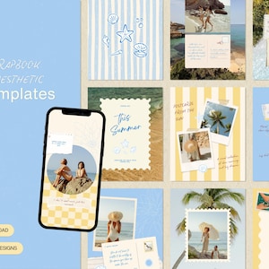 May include: A digital collection of scrapbook and aesthetic templates for Canva featuring summer-themed layouts, beach photography, handwritten-style text, and graphic illustrations of seashells on blue, yellow, and white backgrounds.