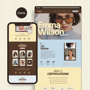 Pode incluir: Um modelo de site de portfólio digital exibido em um smartphone e em uma janela de navegador de desktop. O design apresenta uma paleta de cores creme, marrom e azul claro, exibindo o nome Emma Wilson, retratos profissionais e seções para alcance de influenciadores, habilidades e certificações.