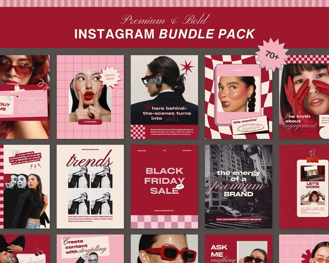 Cherry Red Pink Edgy Aesthetic Canva Instagram Bundle Pack, Post ...
