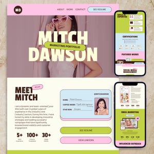Canva Website Portfolio Template Pink Green Retro Modern Marketing Manager Social Media Manager Digital Marketer Freelancer Portfolio