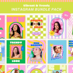 Vibrant Lime Pink Trendy Funky Retro Instagram Bundle Pack, Post Templates for Boutique, Fashion, Content Creator & Gen Z Brands