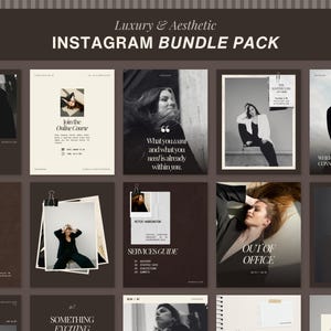 May include: A digital Instagram bundle pack featuring a collection of social media templates with a dark brown and cream color palette. The designs include typography, photographic portraits, and paper-like elements with text such as Luxury & Aesthetic.