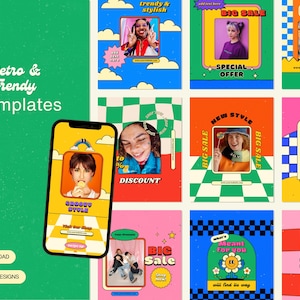 Bold Primary Color Retro Y2K Canva Instagram Bundle Pack, Post Templates for Boutique, Streetwear, Content Creator & Trendy Retail Brands
