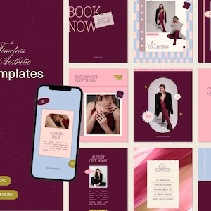 May include: A collection of 40 digital social media templates in a deep burgundy and soft pink color palette. The set includes various layouts featuring placeholder imagery, text boxes, and graphic elements like stars and paper clips for branding.