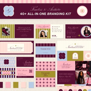 May include: A branding kit featuring business cards, thank you cards, and promotional materials in a color palette of deep plum, olive green, light pink, and pale blue. The text reads Timeless & Aesthetic 40+ ALL-IN-ONE BRANDING KIT and Nicolasa STUDIO.