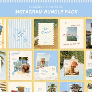 Gelb Blau Mittelmeer Scrapbook Instagram Pack, Social Media Vorlagen für Reisen, Bademode, Resort Wear & Euro Sommer Marken