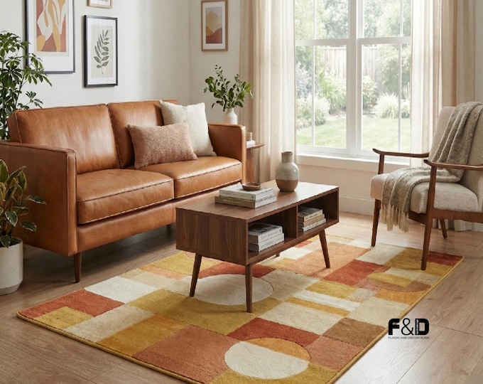 Mid Century Modern Geometric Area Rug | Retro 70s Burnt Orange & Mustard Yellow | Abstract Bauhaus Style Living Room Carpet | Boho Home Deco