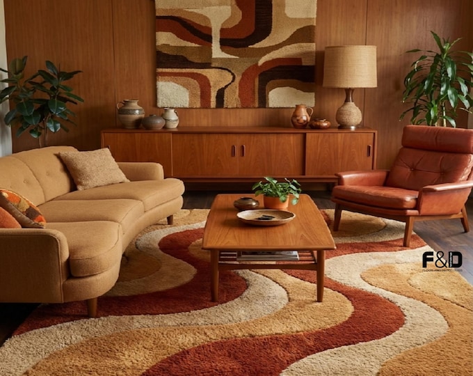 Retro 70s Wavy Area Rug – Burnt Orange & Cream Abstract Shag Carpet – Mid Century Modern Living Room Decor – Plush Earth Tone Tufted Floor