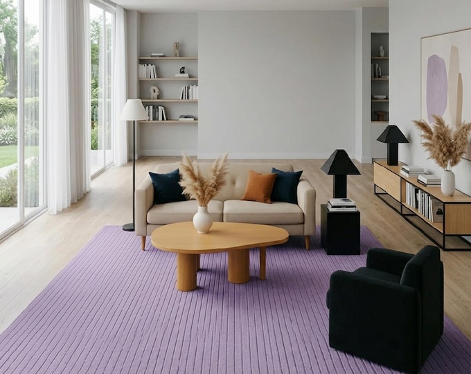 Handwoven Lavender Purple 8X10 Area Rug | Deep Ribbed Texture Minimalist Rug for Living Room & Bedroom | Solid Pastel Artisanal Modern Floor