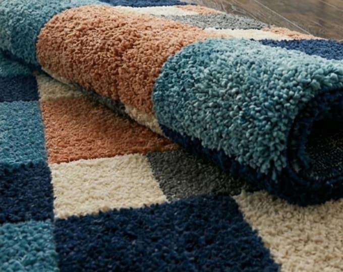 7x10ft Mid Century Modern Checkered Area Rug, Custom Hand Tufted Wool Rug, Teal Navy Rust Geometric Carpet for Living Room Bedroom 9x12ft