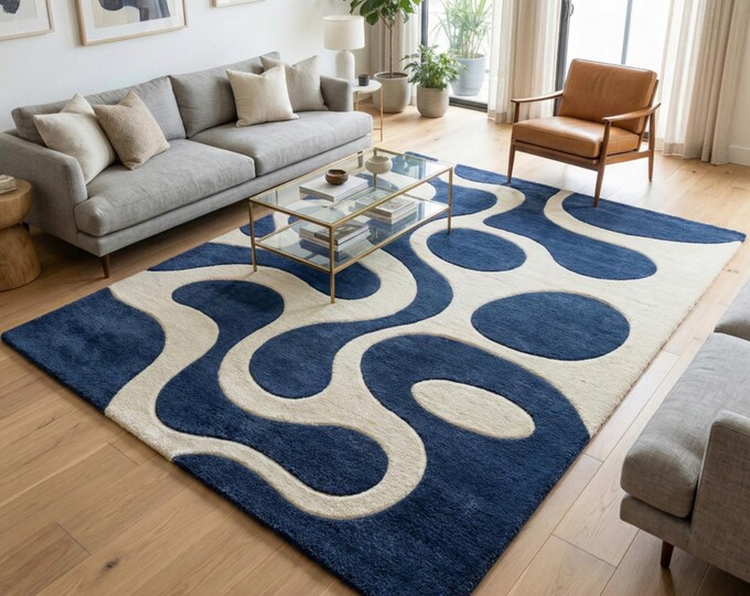 Hand Tufted Abstract Blue & Cream Wavy Rug | Mid Century Modern Area Rug | Scandi Organic Shape Carpet | Soft Wool Living Room Floor Decor