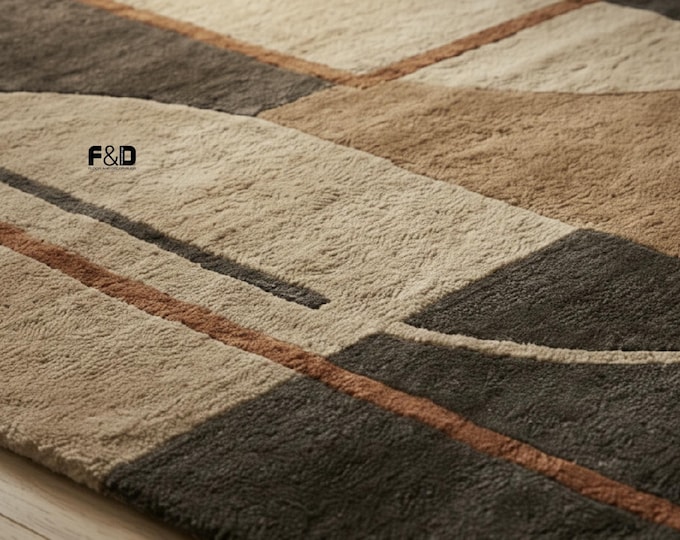 Modern Abstract Area Rug – Earth Tone Geometric Carpet, Mid-Century Modern Terracotta & Brown Living Room Decor, Plush Soft Bedroom Rug