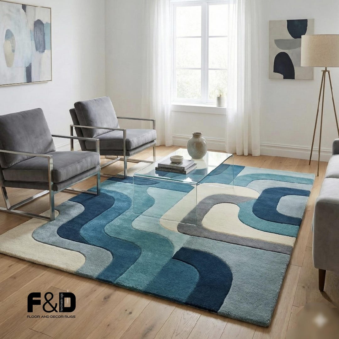 Hand Tufted Blue Wave Rug, Modern Abstract Wool Area Rug, Coastal ...