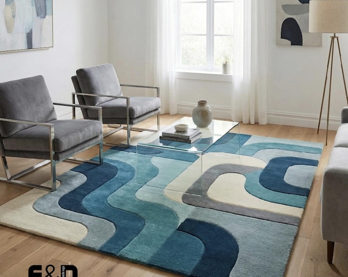 Hand Tufted Blue Wave Rug, Modern Abstract Wool Area Rug, Coastal Living Room Carpet, Teal & Navy Geometric Bedroom Decor, Custom Size