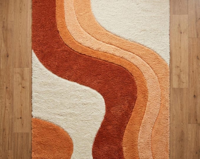 Retro Wavy Area Rug, Terracotta & Cream 70s Tufted Rug, Mid Century Modern Abstract Carpet, Groovy Orange Swirl Rug for Living Room Bedroom