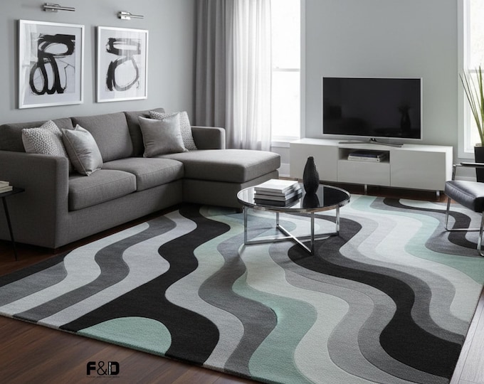 Abstract Wave Rug, Hand Tufted Wool Rug, Teal Grey & Black Modern Area Rug, Contemporary Living Room Carpet, Custom Size Ocean Decor