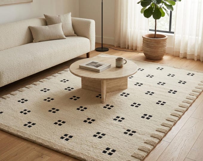 Handmade Moroccan Style Wool Rug | Cream and Black Geometric Area Rug | Plush Boho Berber Carpet for Living Room | Minimalist Custom Size Ru