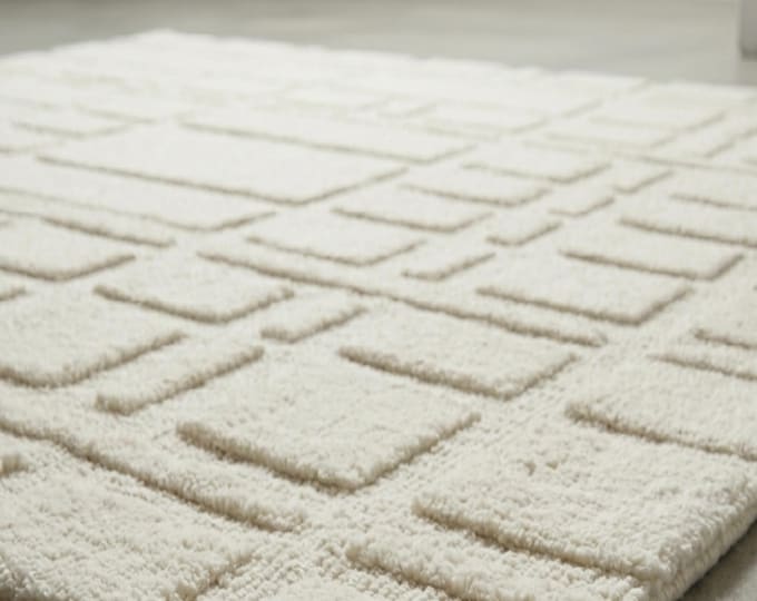 9x12ft Modern Cream Textured Area Rug | Geometric High-Low Pile Off-White Carpet | Minimalist Tufted Rug for Living Room, Bedroom Custom Rug