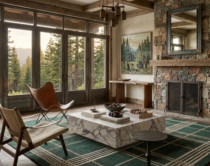 Forest Green Plaid Area Rug | Handmade Beige Grid Tartan | 8x10ft Modern Farmhouse Wool Rug | Minimalist Checkered Carpet for Living Room