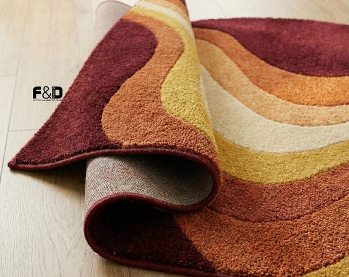 70s Retro Wavy Area Rug | Burnt Orange, Mustard & Cream Abstract Tufted Rug | Mid Century Modern Living Room Decor | Groovy Boho Statement