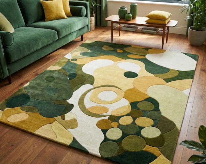 Green Abstract Rug, Modern Area Rug, Mid Century Living Room Carpet, Botanical Geometric Wool Rug, Contemporary Floor Decor, Bedroom Rug