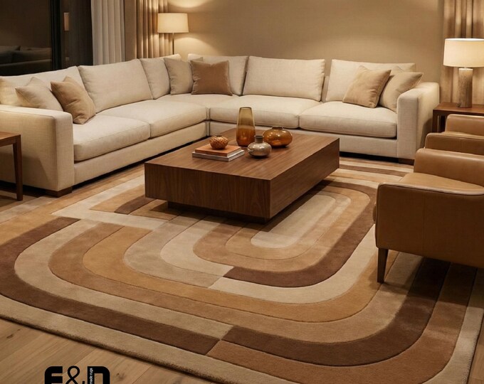 Retro Brown & Beige Area Rug | Mid Century Modern Geometric Rug | 70s Aesthetic Arch Pattern | Hand Tufted Wool Living Room Carpet | Neutral