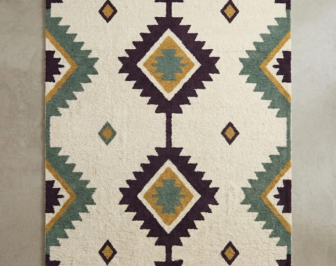 Southwestern Area Rug | 9X12ft Geometric Aztec Tribal Rug in Plum, Sage & Mustard | Boho Desert Decor Tufted Rug | Custom Size Hand-Tufted
