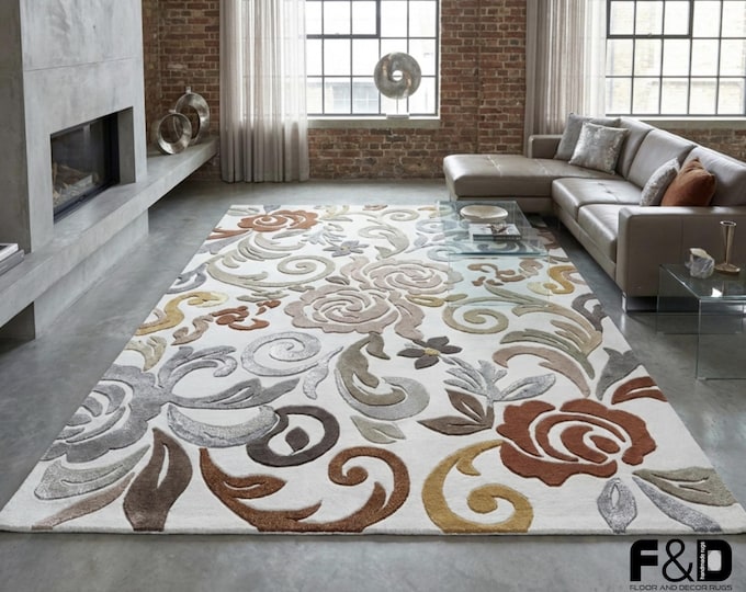 Multicolor Floral Area Rug, Hand-Tufted Wool Carpet for Living Room, Cream Rust and Grey Botanical Rug, Statement Floor & Decor Rug