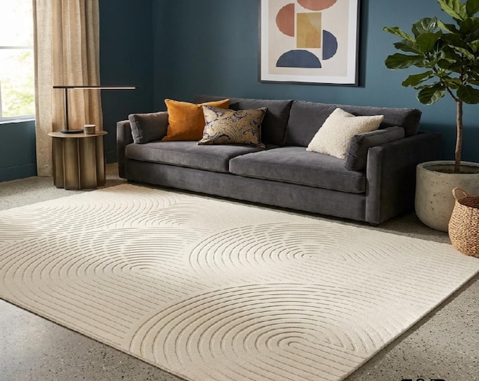 8X10ft Cream Textured Area Rug | Geometric Arch Design Tufted | Mid Century Modern Minimalist High Low Pile Carpet for Living Room Bedroom