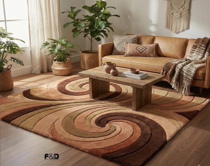 Modern Abstract Swirl Area Rug | Beige Brown Terracotta Carpet | Living Room Bedroom Floor & Decor Rug | Contemporary Home Decor