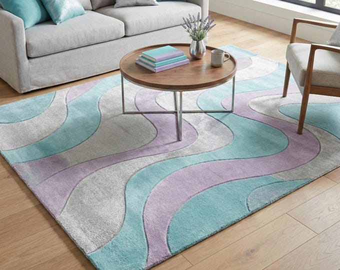 Modern Wavy Area Rug | Teal, Purple & Grey Abstract Carpet | Contemporary Plush Tufted Rug for Living Room, Bedroom | Custom Size Decor Rug