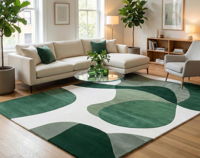Modern Green Abstract Rug, Hand Tufted Wool Area Rug, Wavy Irregular Shape Carpet, Sage & Emerald Floor Mat, Nature Inspired Living Room Dec
